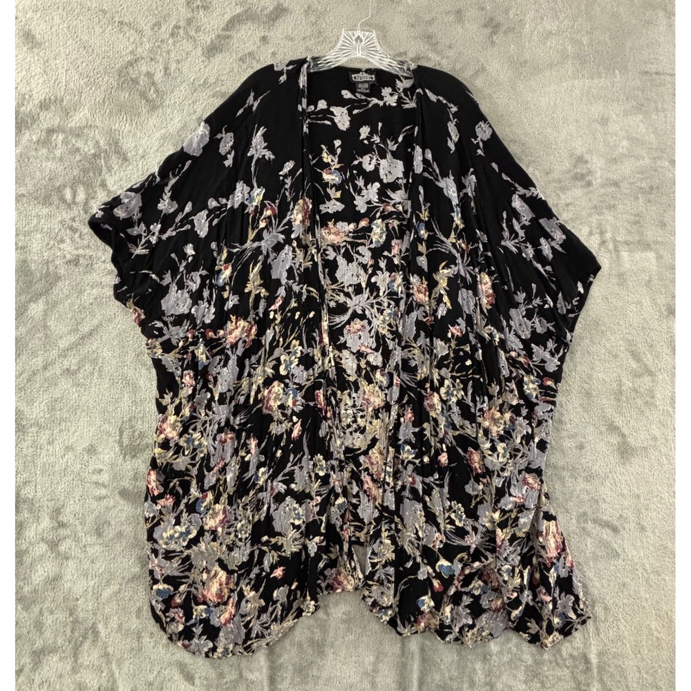 Angie Boho Floral Kimono Womens M/L‎ Black Rayon Open Cardigan Wrap Duster